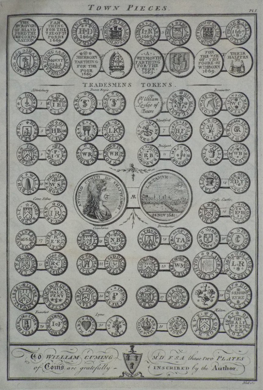 Print - Town Pieces. Tradesmens Tokens. To William Cuming M.D. F.S.A. these two Plats of Coinns are gratefully inscribed by the Author. - 